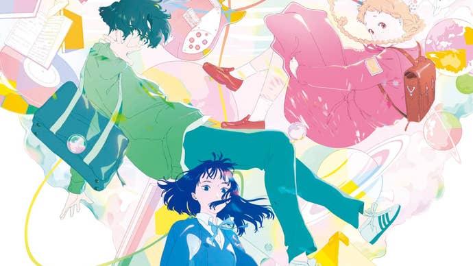 Two teen girls and a teen boy float amongst a variety of colours and shapes in a poster for Your Colours.