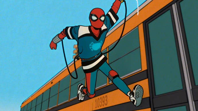 Peter Parker is in an early version of his Spider-Man outfit swinging while running along the side of a bus in Your Friendly Neighborhood Spider-Man.
