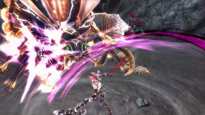 A pink-haired girl swings an axe at a large monster in Ys IX: Monstrum Nox