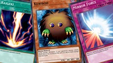 Three types of Yu-Gi-Oh! card: Raigeki, a spell; Kuriboh, a monster; and Mirror Force, a trap.