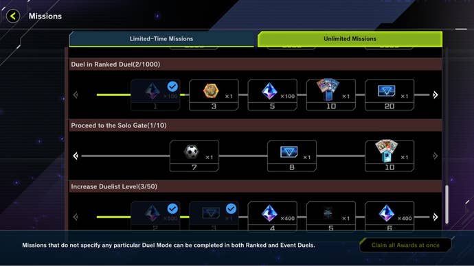 Yu-Gi-Oh Master Duel Missions screen, shows starter decks as rewards