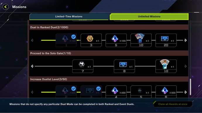 Yu-Gi-Oh Master Duel Missions screen, shows starter decks as rewards