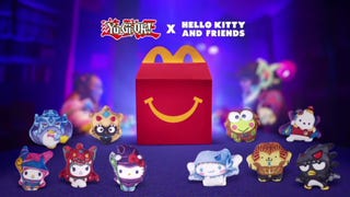 Toys from the Yu-Gi-Oh! x Hello Kitty crossover at McDonald's in Belgium.