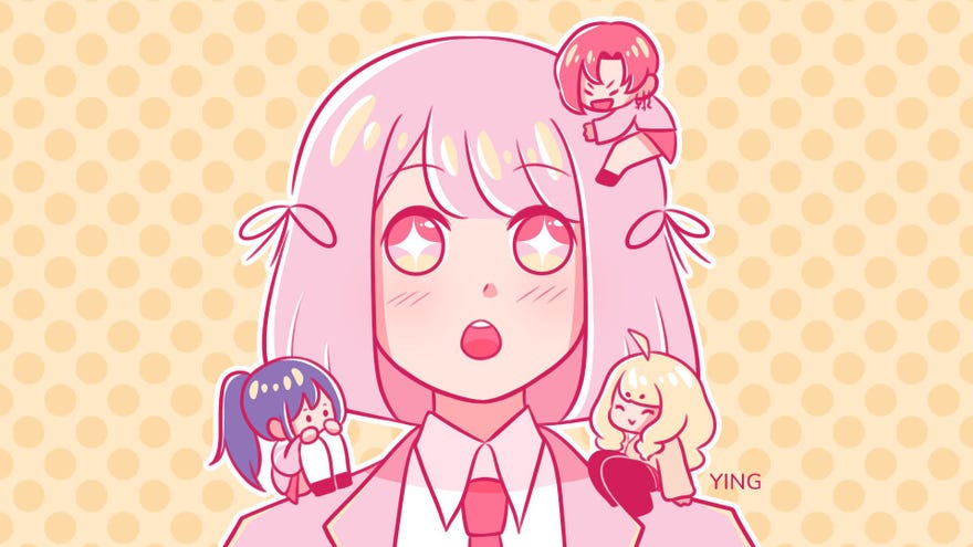 Key art from Yuki’s Palpitating, Passionate, Phenomenal, and quite frankly Proficient quest for a (hot) girlfriend!!! showing Yuki (a cute girl with pink hair and a pink suit) with three different miniature girls sat around and on her shoulders and head