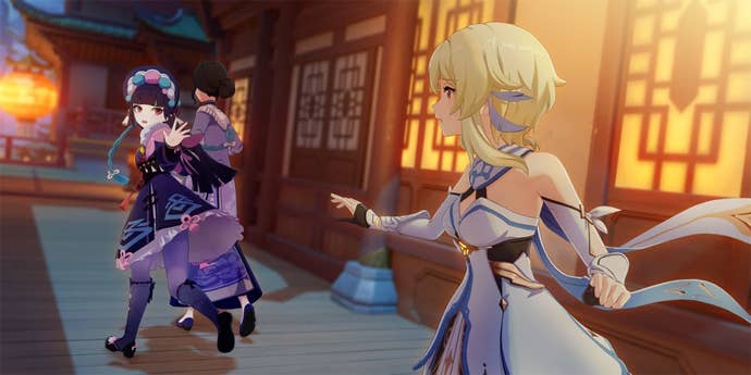 Traveler reaches her arm out for Yun Jin as she walks away in Genshin Impact.