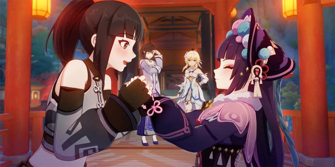 Yun Jin embraces a journalist in Genshin Impact.