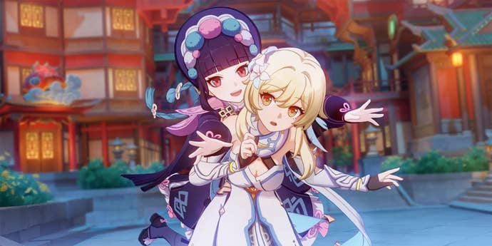 Yun Jin stands behind Traveler for a picture in Genshin Impact.