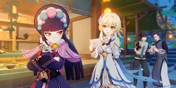 Traveler holds an autograph card as Yun Jin looks away disapprovingly in Genshin Impact.