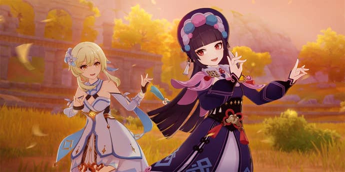 Yun Jin and Traveler dance together in Genshin Impact.