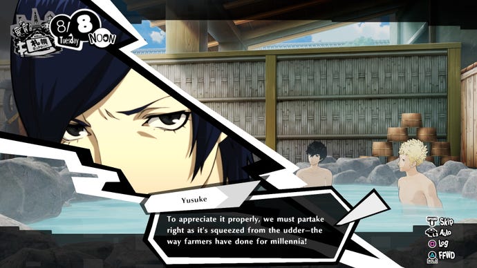 Persona 5 Strikers' Yusuke says ‘To appreciate it properly, we must partake right as it’s squeezed from the udder - the way farmers have done for millenia!’ in the hot tub.