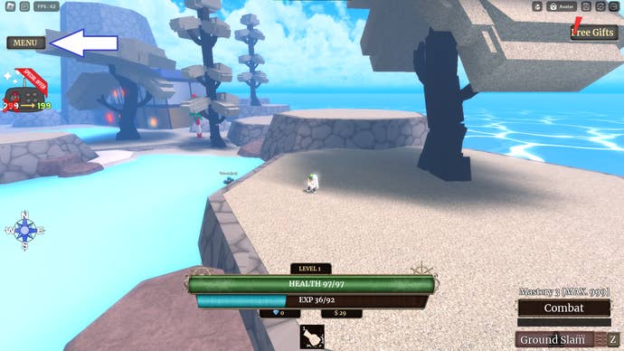 A screenshot from Z Piece in Roblox showing the game's menu button.
