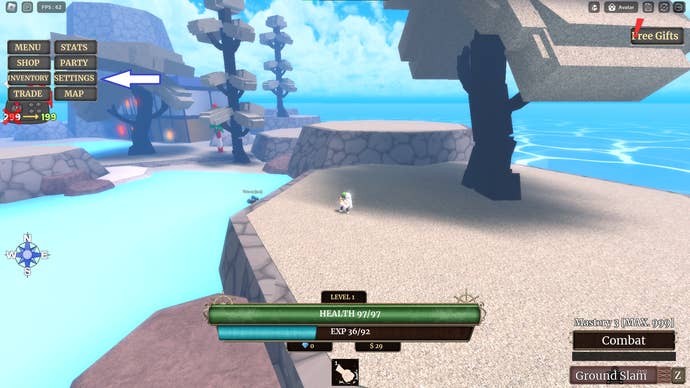 A screenshot from Z Piece in Roblox showing the game's settings button.