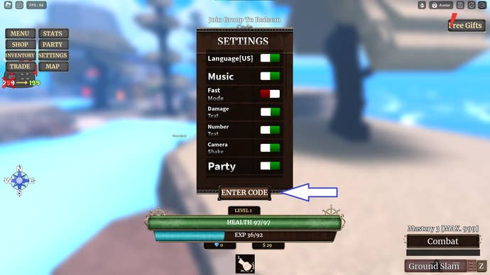 A screenshot from Z Piece in Roblox showing the game's codes field.