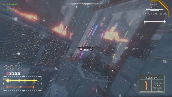 A plane flies through a cityscape in Zakon