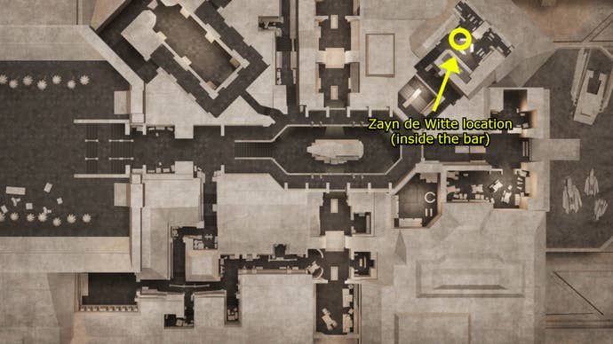 Un mapa de Arrakeen con una flecha amarilla que muestra la ubicación aproximada de Zayne de Witte en Dune Awakening.