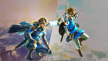 Key art of Link from both Tears of the Kingdom and Breath of the Wild superimposed over landscape shots of Hyrule.