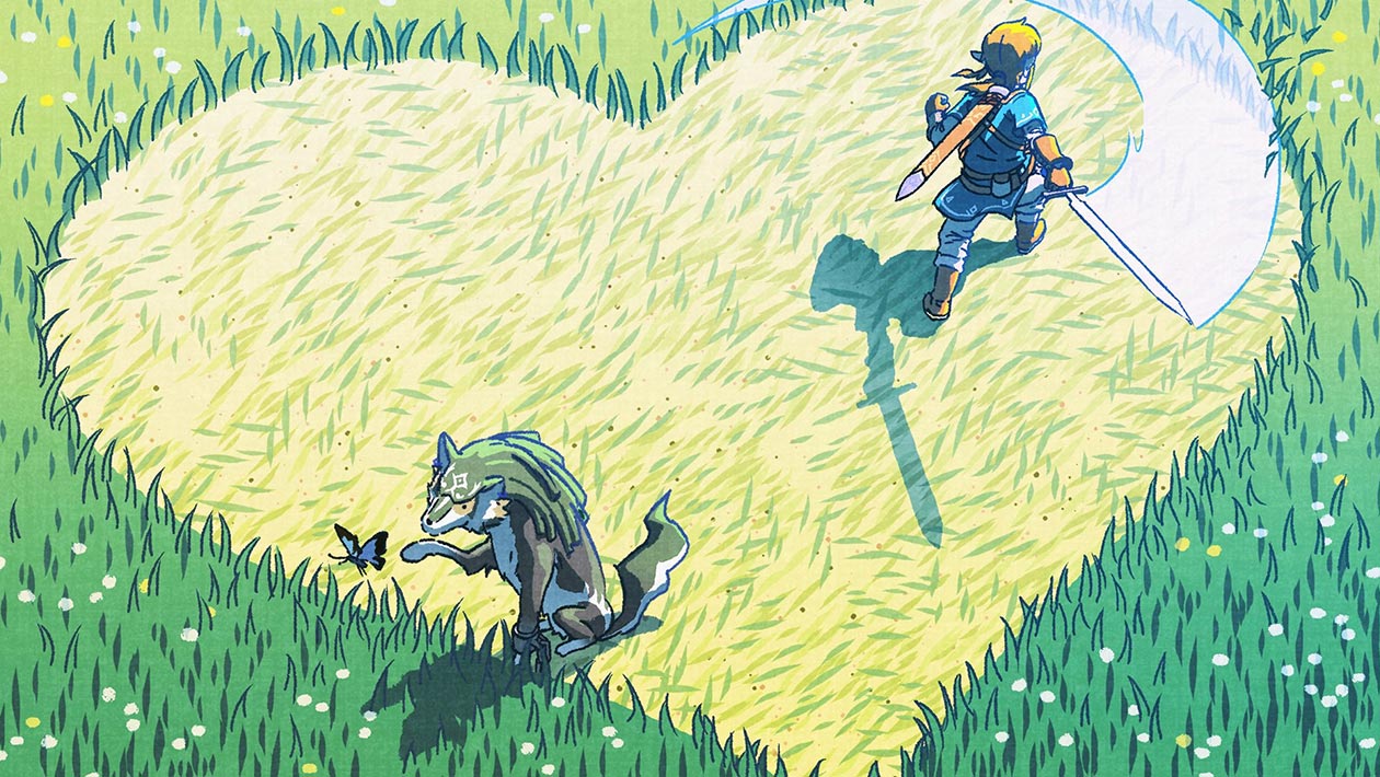 Zelda official illustration artwork for Breath of the Wild, showing Link in the top right, from top-down, cutting a patch of long grass into a heart-shaped clearing with a swing of his sword, and a wolf-like creature with a butterfly in the bottom left of the clearing