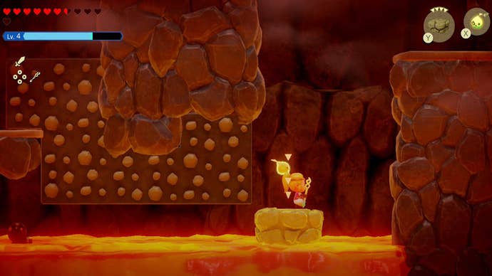 zelda echoes of wisdom eldin temple riding lava platform up to higher area