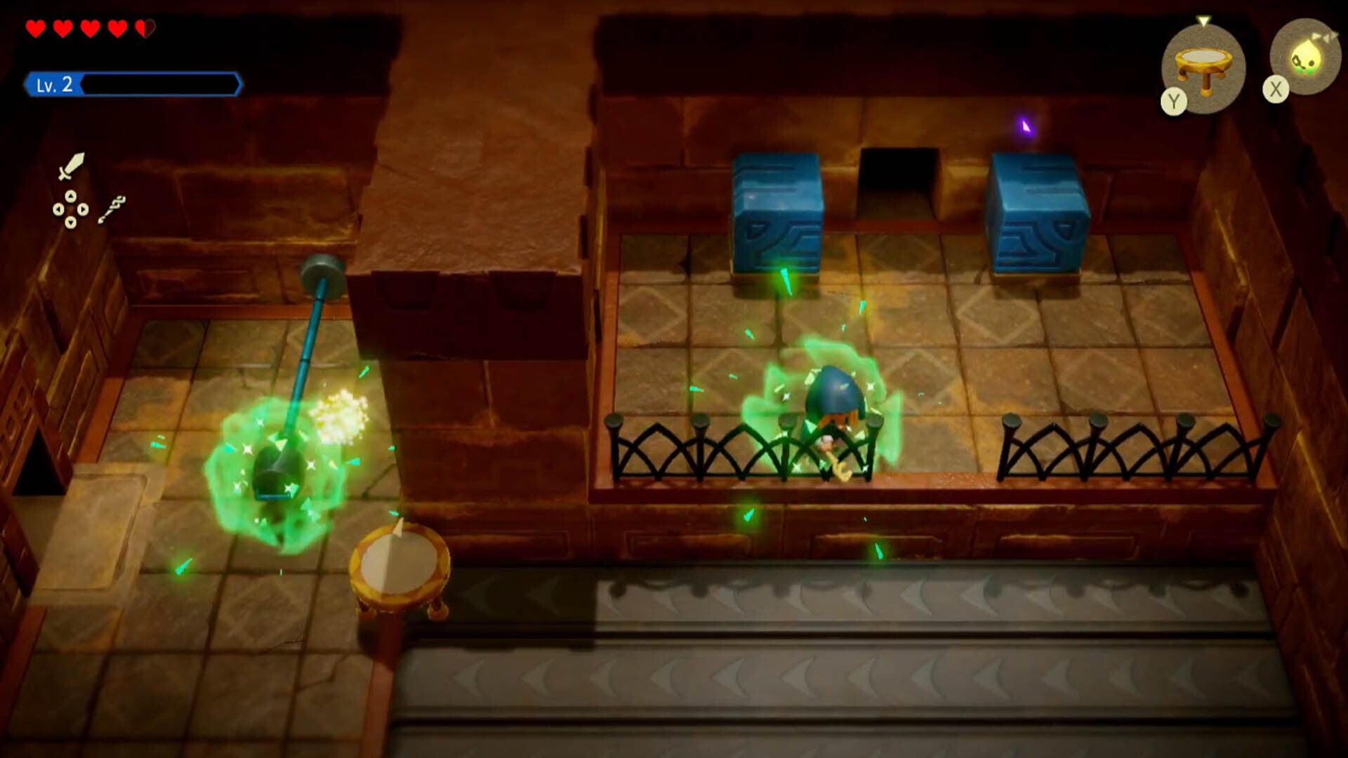 zelda echoes of wisdom gerudo sanctum dungeon pulling device to move blue blocks one