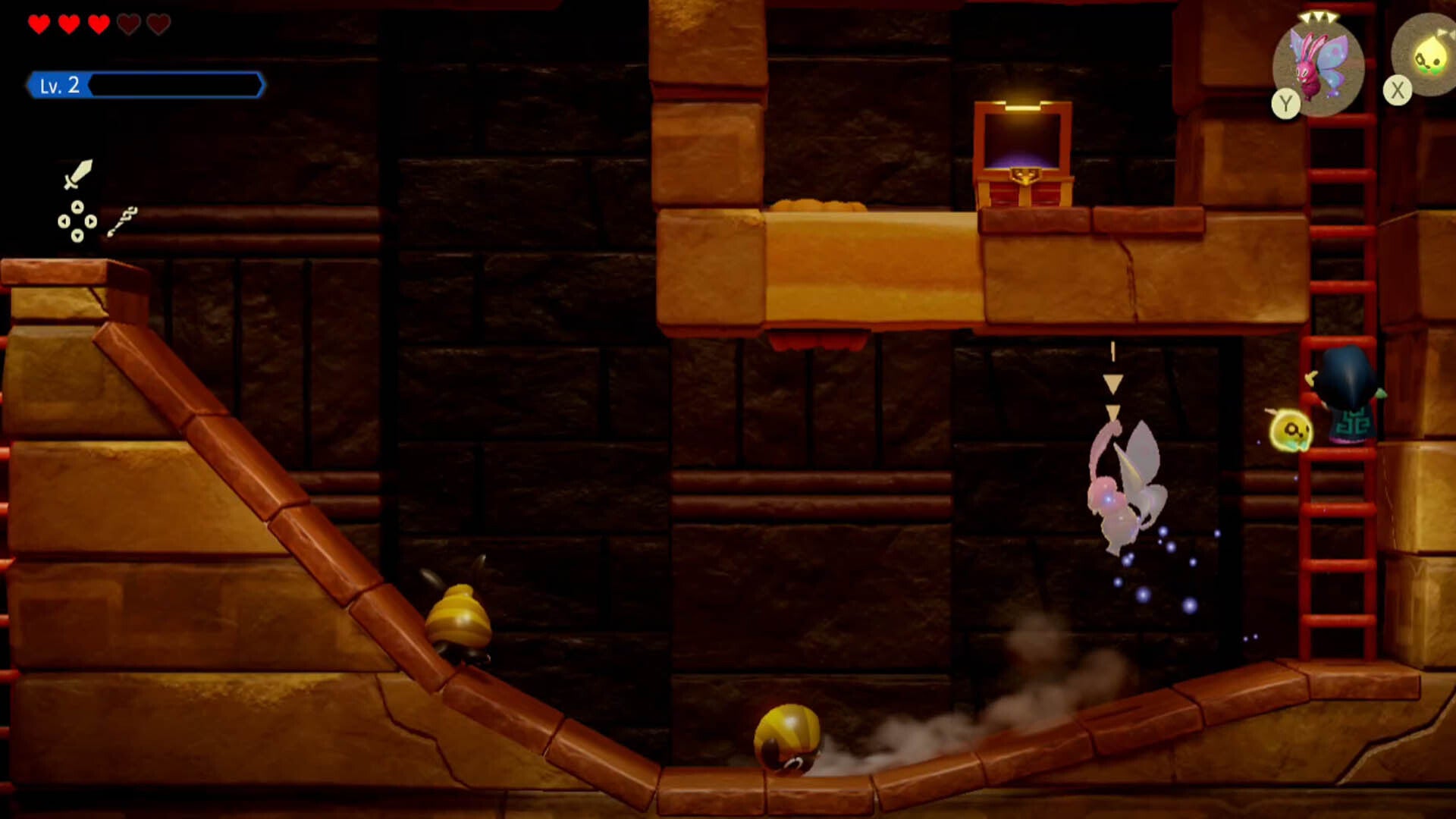 zelda echoes of wisdom gerudo sanctum dungeon zelda on ladder while mothula fights enemies