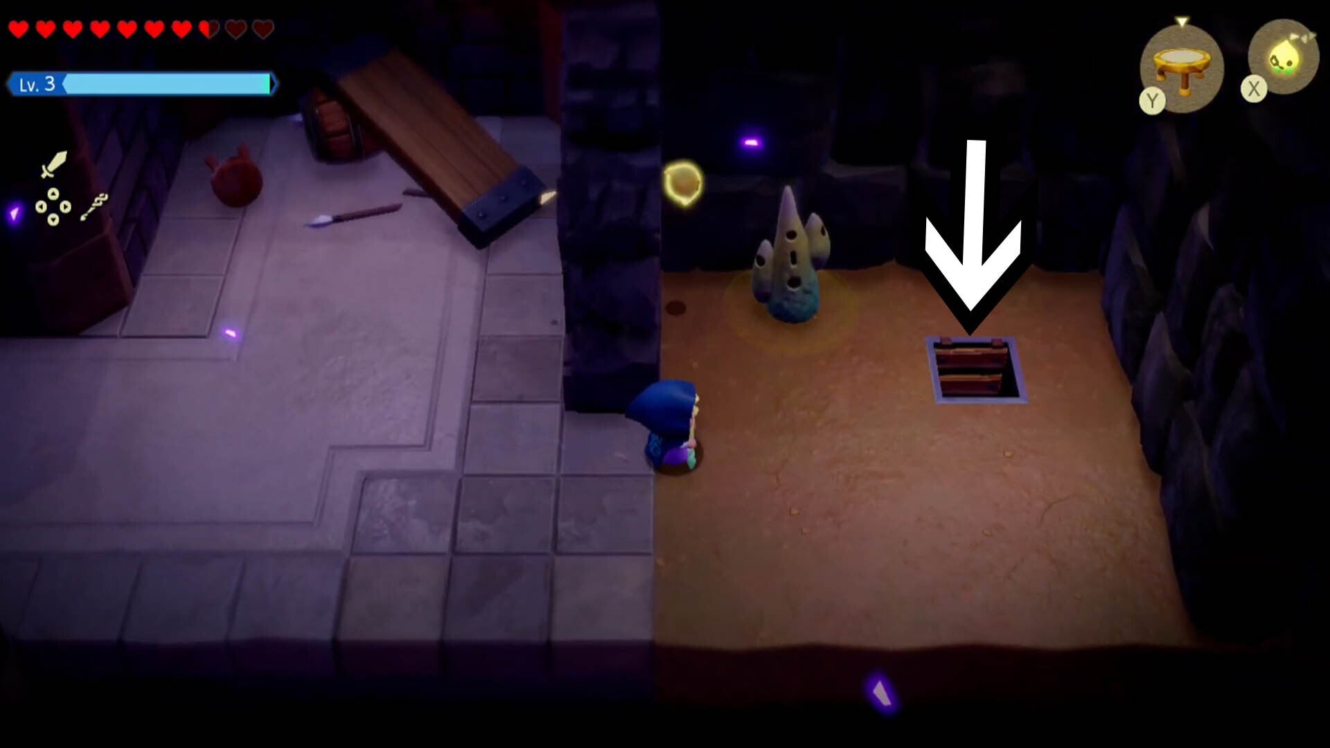 zelda echoes of wisdom hyrule castle dungeon prison cell ladder through floor by waypoint