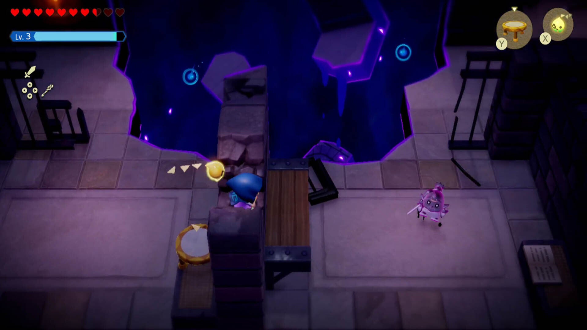 zelda echoes of wisdom hyrule castle dungeon using trampoline to vault over wall