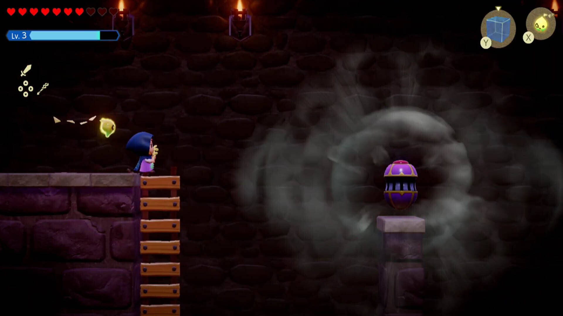 zelda echoes of wisdom hyrule castle dungeon zelda facing gustmaster near large gap