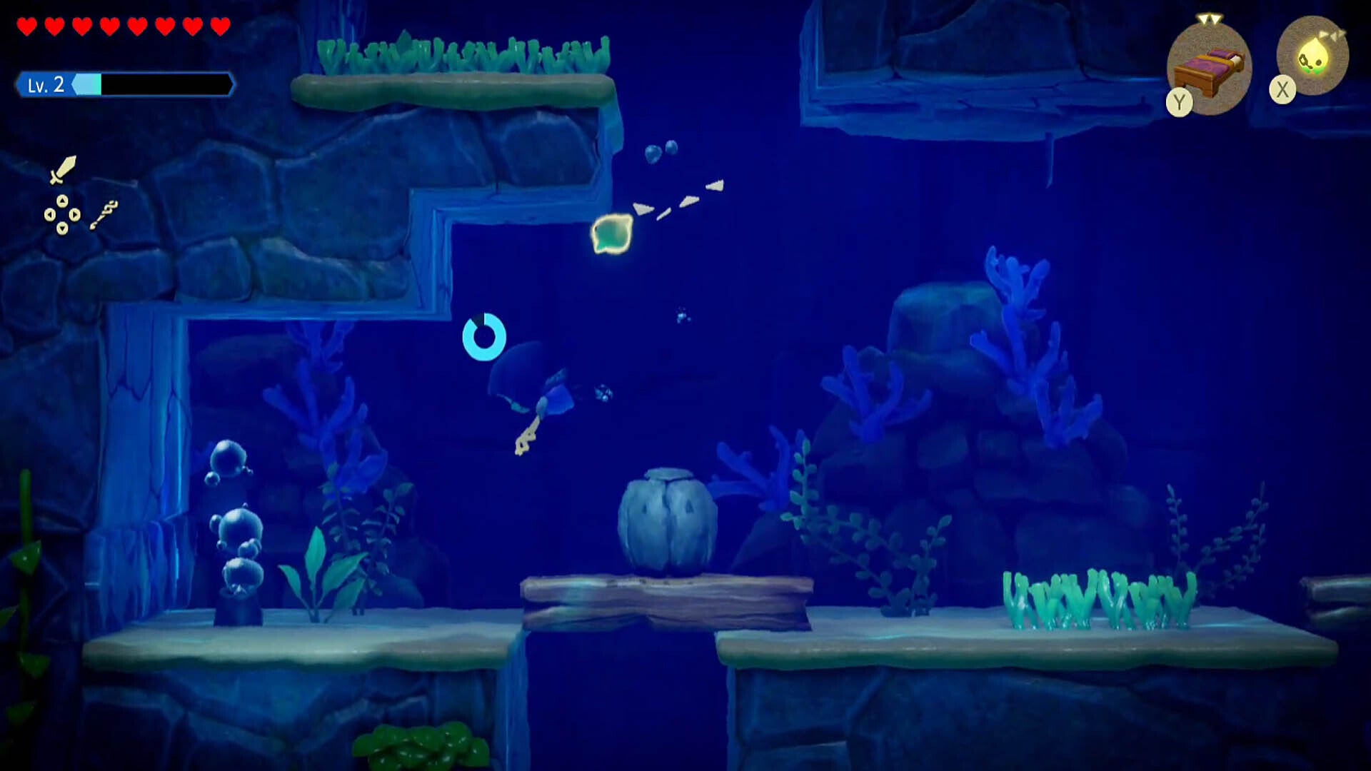 zelda echoes of wisdom jabul ruins dungeon first boulder on wooden plank underwater