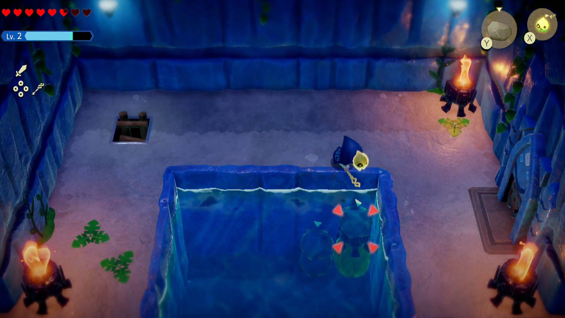 zelda echoes of wisdom jabul ruins dungeon making steps to pull out torch in water