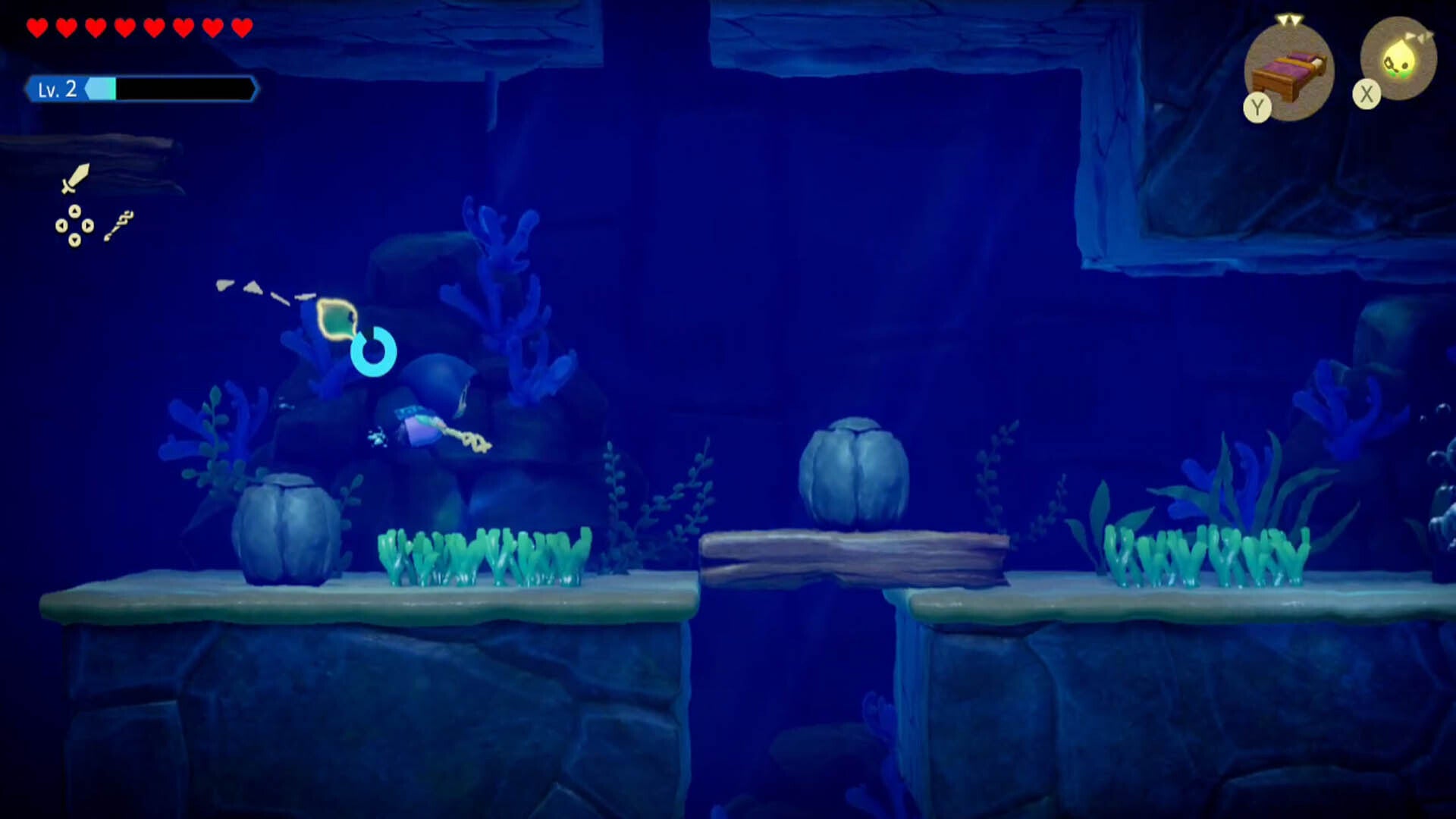 zelda echoes of wisdom jabul ruins dungeon second boulder on wooden plank underwater