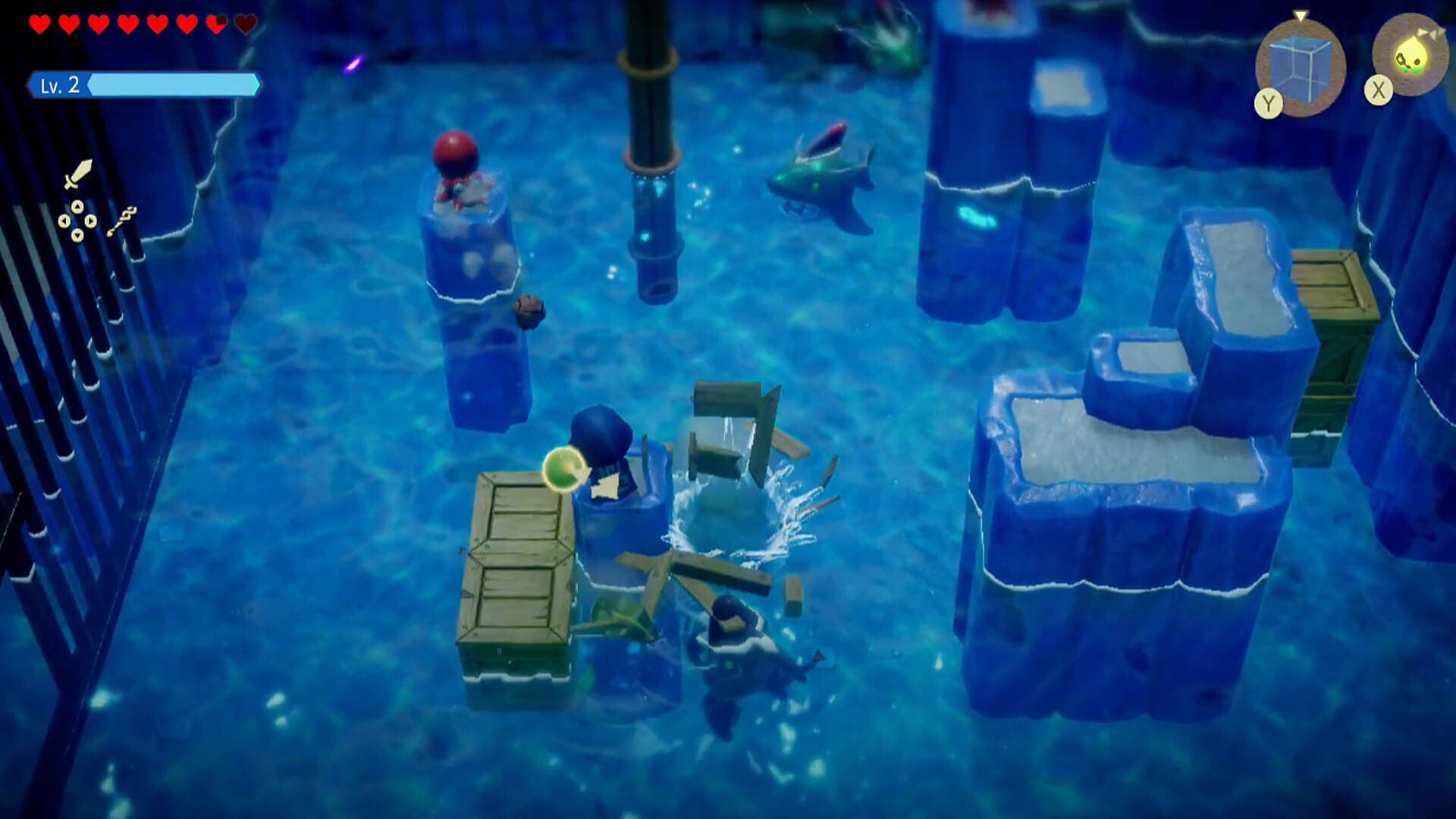 zelda echoes of wisdom jabul ruins dungeon standing on platform to hide from chompfins