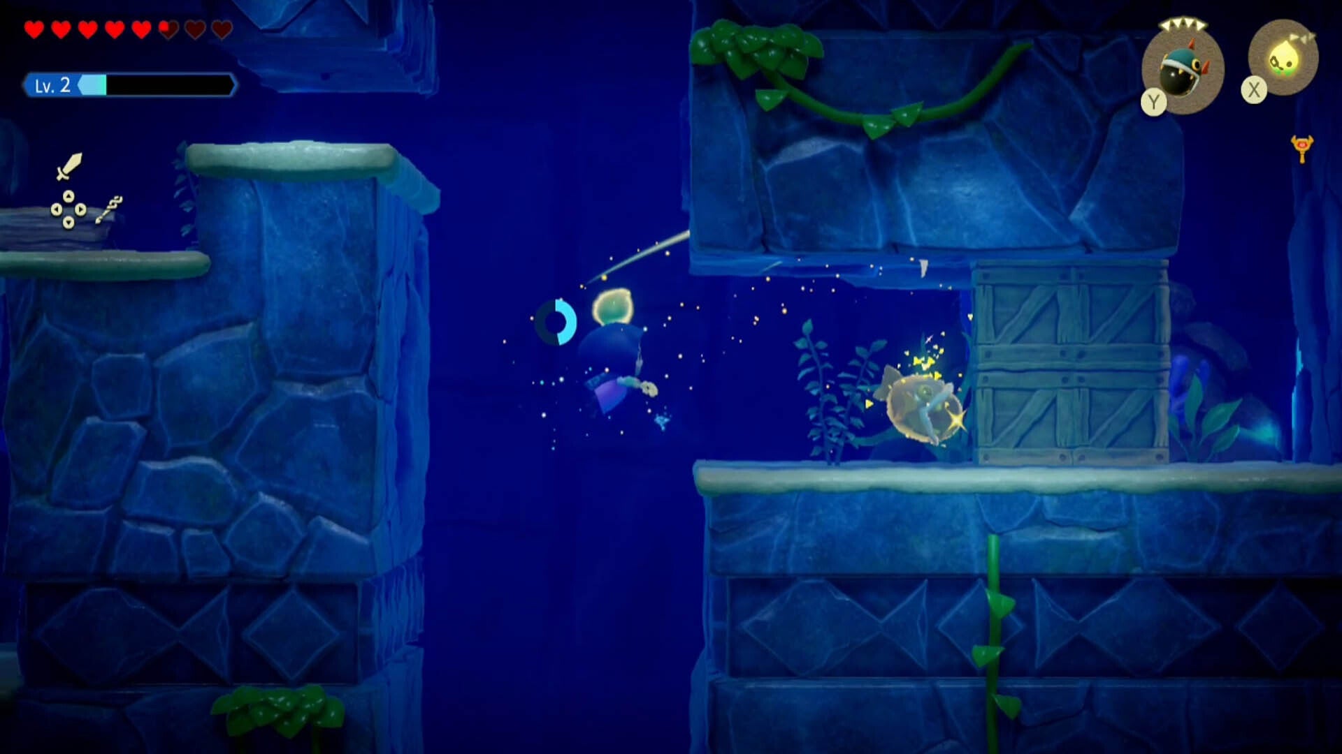 zelda echoes of wisdom jabul ruins dungeon using bombfish on boxes blocking path