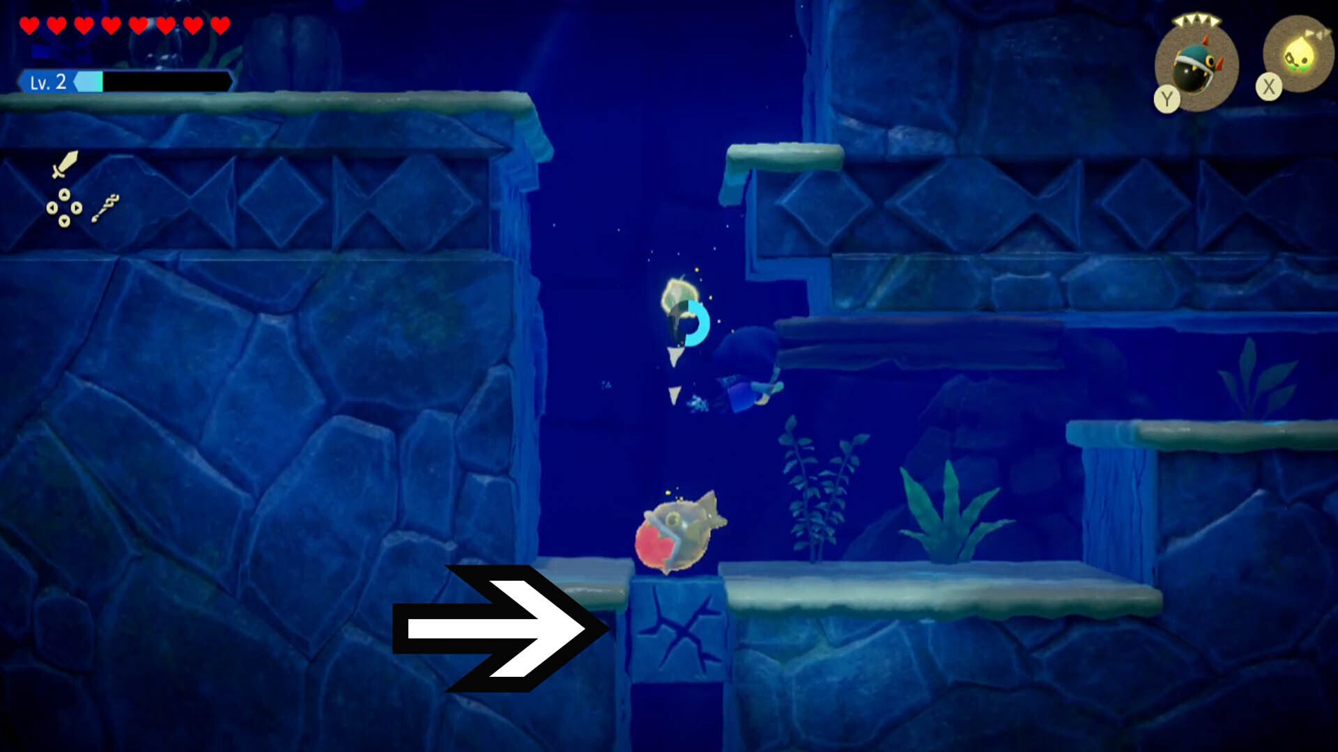 zelda echoes of wisdom jabul ruins dungeon using bombfish on rock cube
