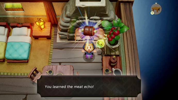 Zelda learns the meat echo inside a rustic house in The Legend of Zelda: Echoes of Wisdom.