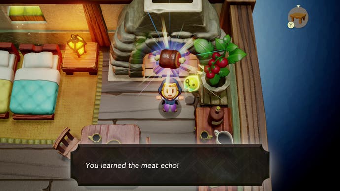 Zelda learns the meat echo inside a rustic house in The Legend of Zelda: Echoes of Wisdom.
