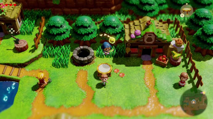 Zelda jumps on a trampoline near a well and village shop in The Legend of Zelda: Echoes of Wisdom.