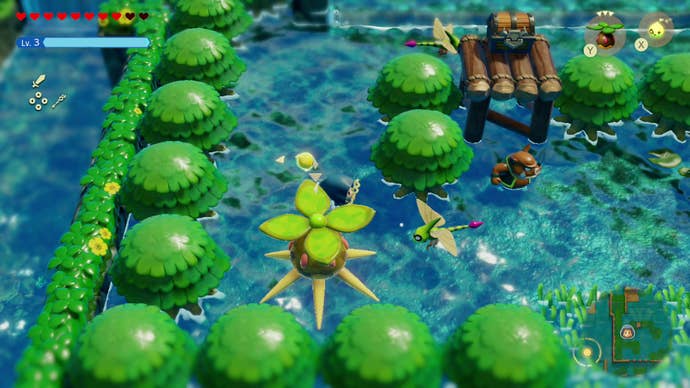 Zelda summons a peahat to attack a dragonfly and a moblin in a watery forest in The Legend of Zelda: Echoes of Wisdom.