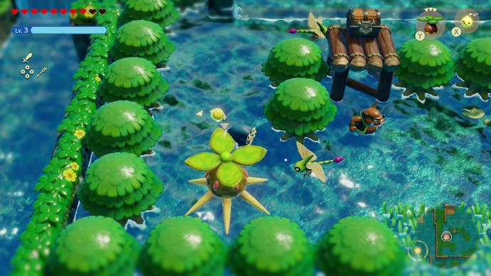 Zelda summons a peahat to attack a dragonfly and a moblin in a watery forest in The Legend of Zelda: Echoes of Wisdom.