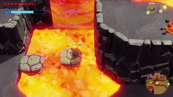 Zelda stands on a large lava rock in a pool of lava in The Legend of Zelda: Echoes of Wisdom.