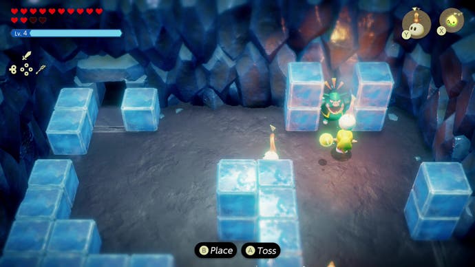 Zelda finds a moblin hiding behind a column of melted ice blocks inside a cave  in The Legend of Zelda: Echoes of Wisdom.