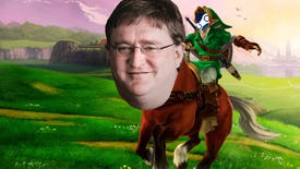 The face of Valve's Gabe Newell on the horse from The Legend of Zelda, Epona. Link is riding the horse, but has the Steam logo as a face.