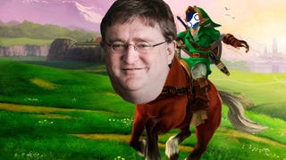 The face of Valve's Gabe Newell on the horse from The Legend of Zelda, Epona. Link is riding the horse, but has the Steam logo as a face.