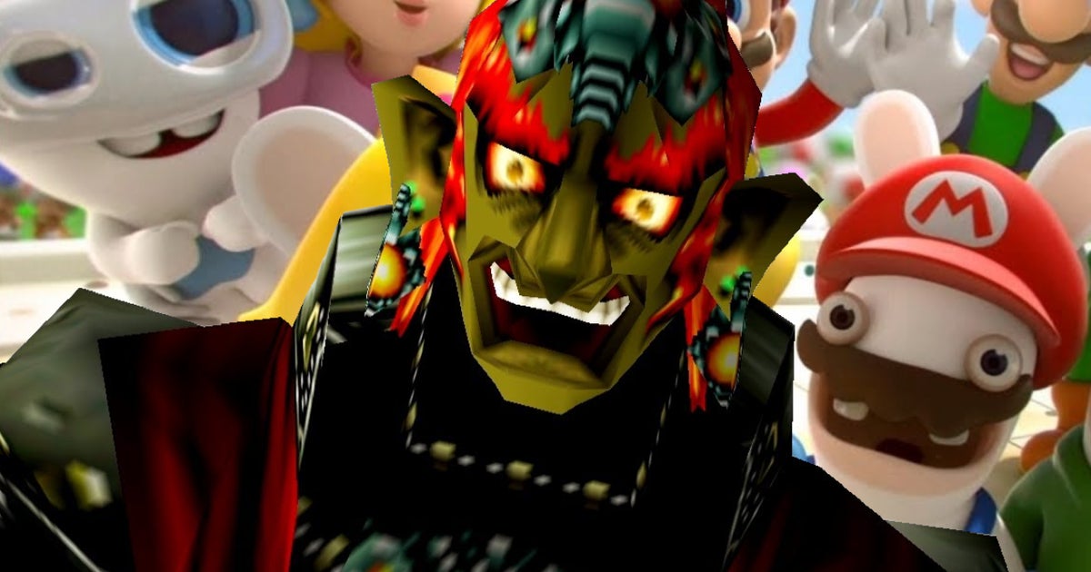 The Legend of Zelda: Ocarina of Time-era Ganondorf superimposed over a shot from Mario + Rabbids.