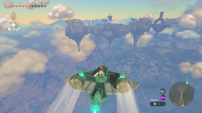 Link flying a plane built with the Fuse power in Zelda: Tears of the Kingdom