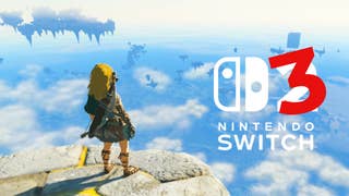 Link in Zelda Tears of the Kingdom, stood looking into the vast open skies, a bodged Switch 3 logo to the right of the image.