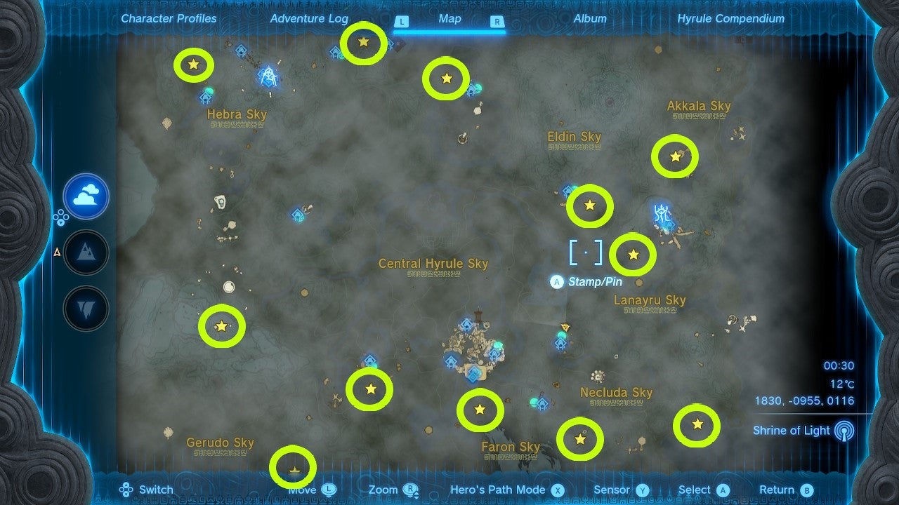 A map screen showing all 12 Ancient Hyrulean Text locations in Zelda: Tears of the Kingdom - 4