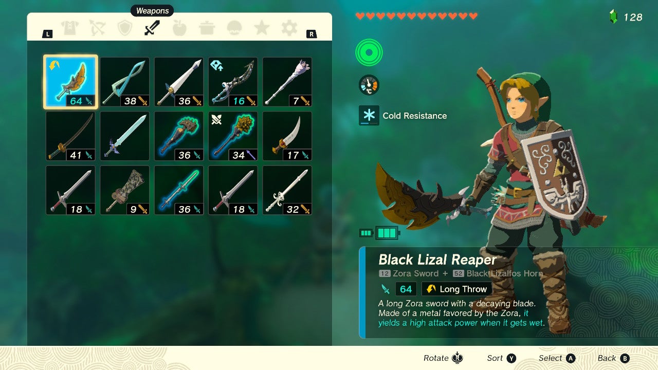 Link wielding a high power Zora weapon with the Water Warrior ability in Zelda: Tears of the Kingdom - 4