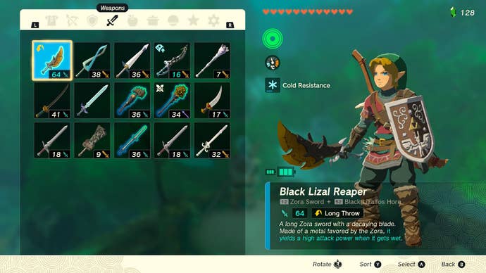 Link wielding a high power Zora weapon with the Water Warrior ability in Zelda: Tears of the Kingdom