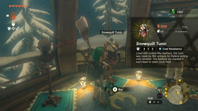 Link purchasing the cold-resistant Snowquill Tunic in Zelda: Tears of the Kingdom