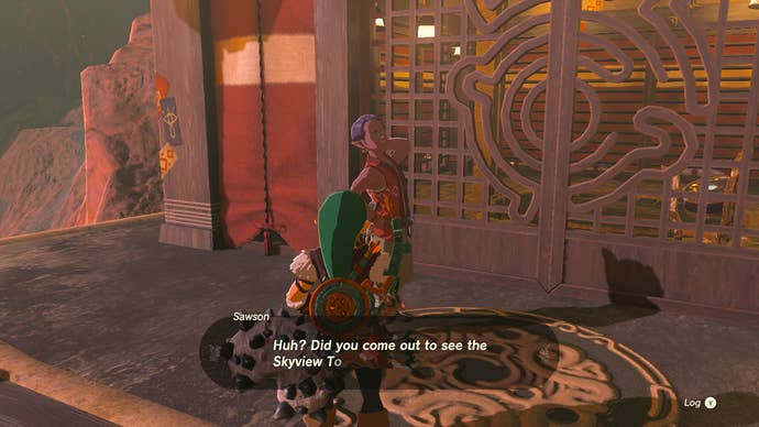 Link trying to open the door of Eldin Canyon Skyview Tower in Zelda: Tears of the Kingdom